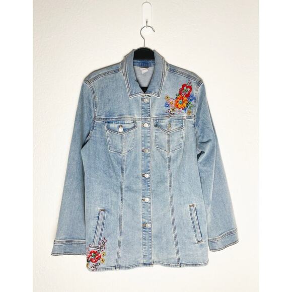 Chico's Womens Embroidered Floral Jean Jacket Shacket Stretch Welt/Chest Pockets - Picture 5 of 15